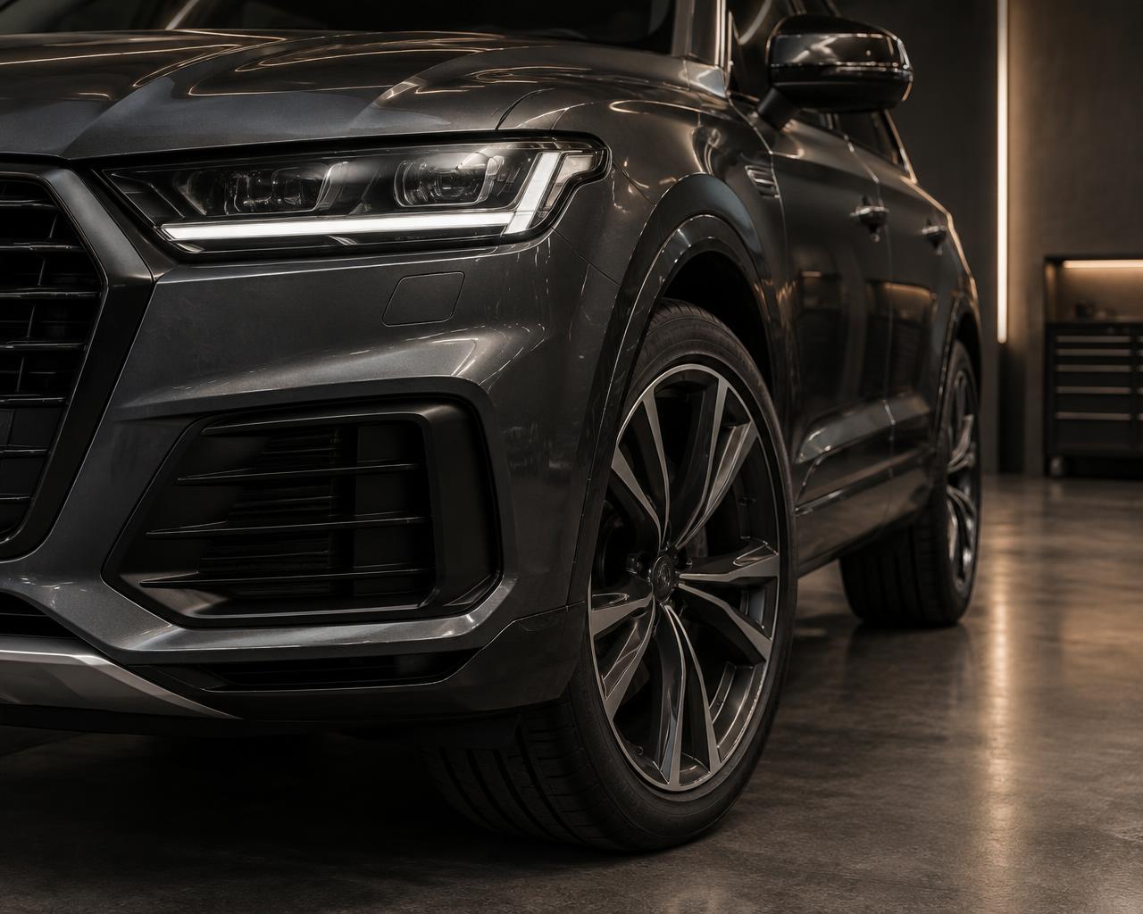 Detalhes do farol e da carroceria de um SUV grafite